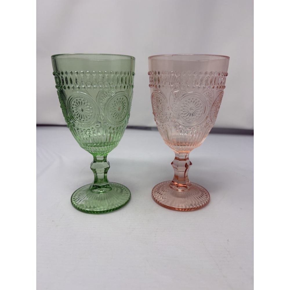 Pioneer Women 12oz Adeline Glass Goblet Teal Blue/Pink Set Of 2 Cottage